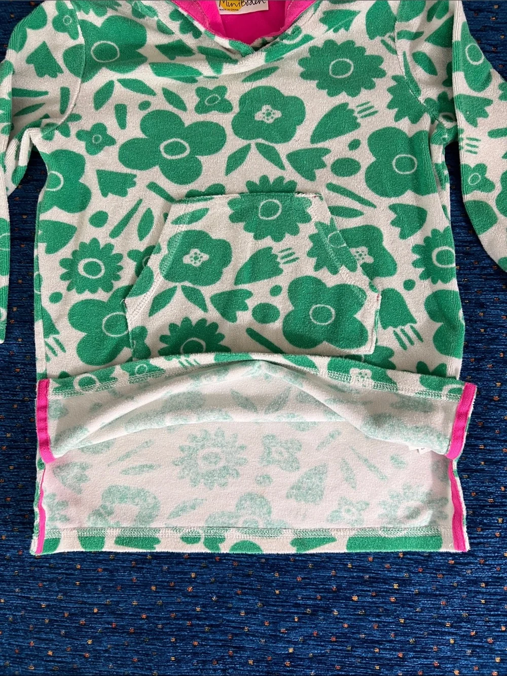 Mini Boden sz 5/6 Floral Hooded terry cloth beach pullover w/ hot pink details